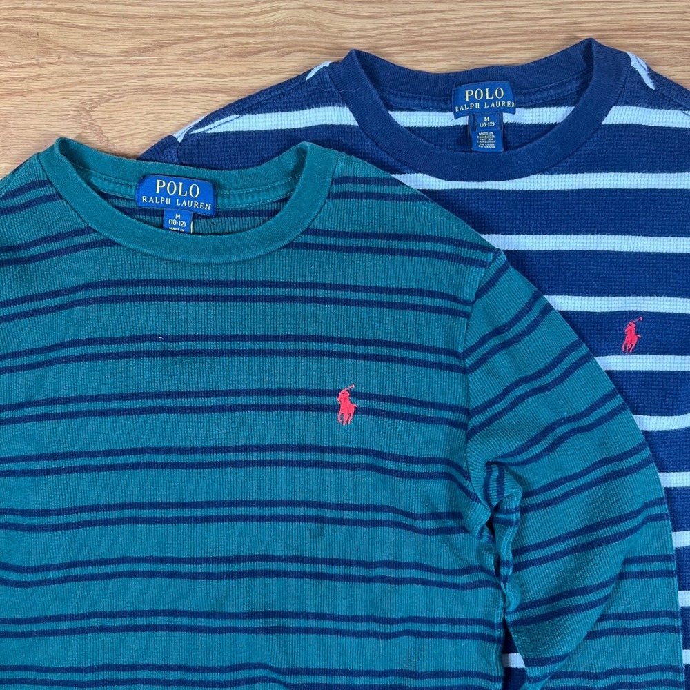 Polo Ralph Lauren Boys Lot of 2 Striped Thermal Shirts Green Blue M 10-12